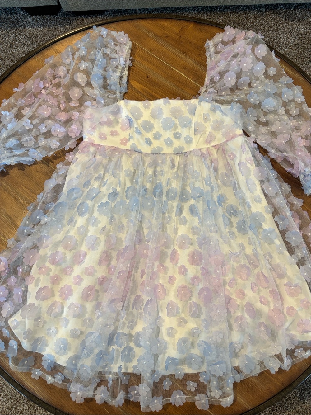 Storia White Mini Dress with Pastel Blue and Purple Floral Appliqués -3D flowers